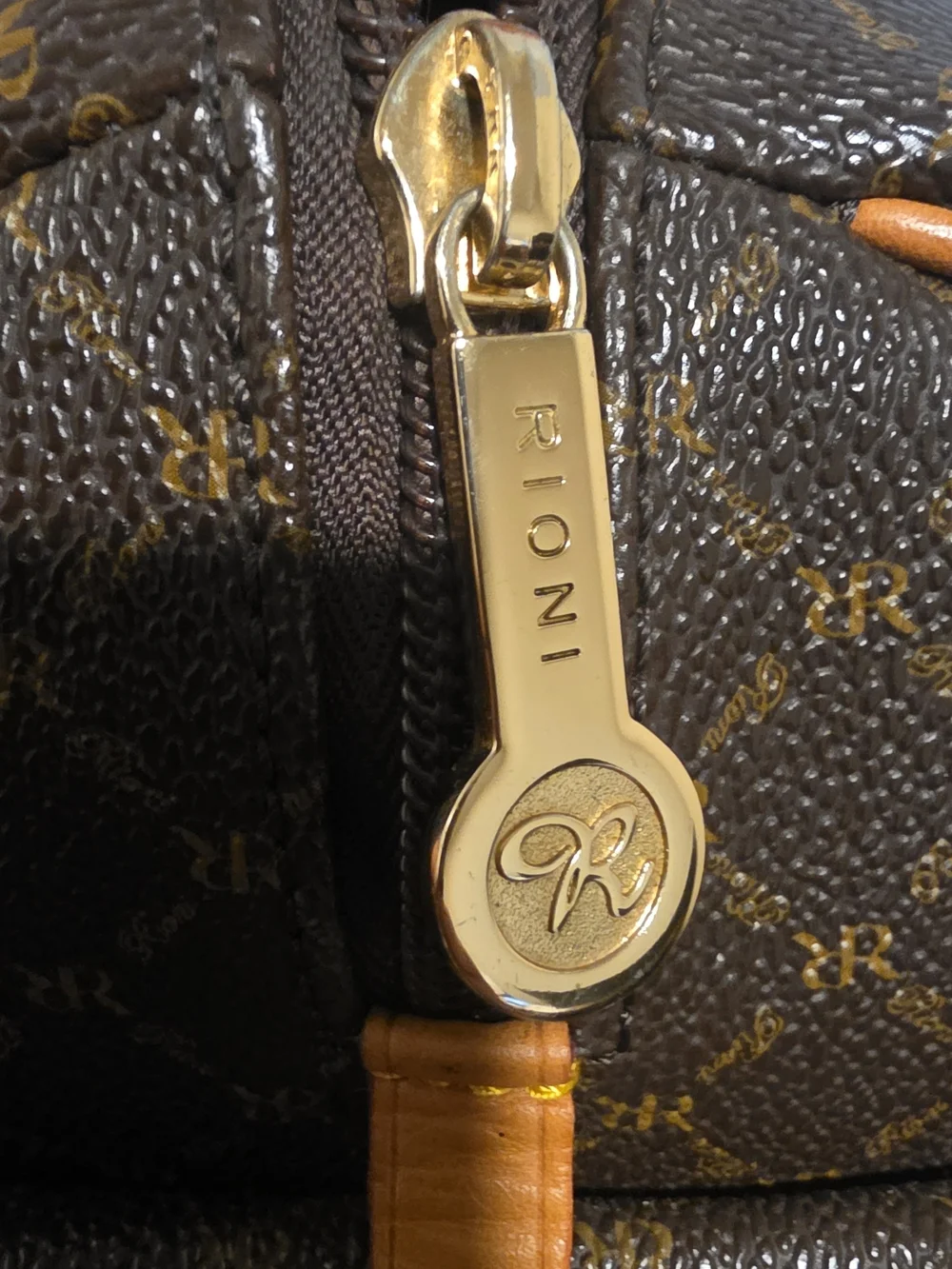 RIONI Brown Monogram Satchel Handbag with Tan Trim